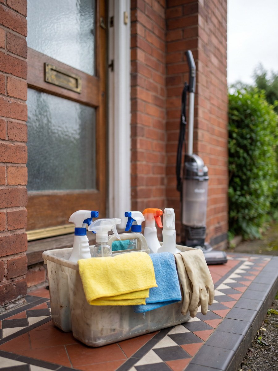 Cleaning caddy, cloths, gloves and a vacuum on the tiled front step of a Birmingham house