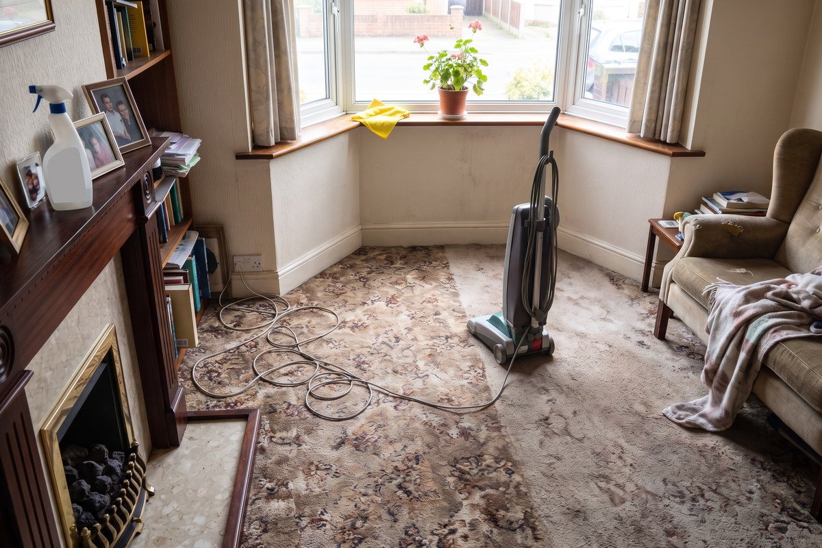 Living room part way through a clean, with the floor done and a cloth on the windowsill