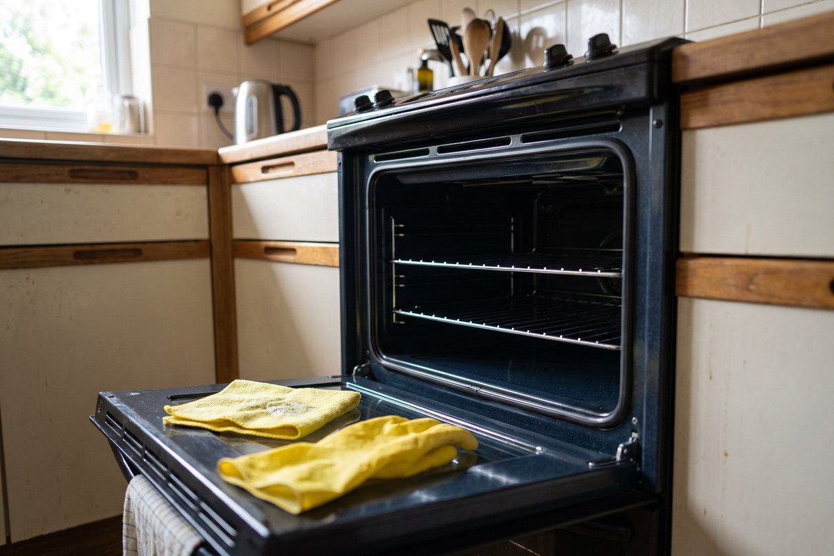 Oven with the door glass and racks cleaned back to bare metal